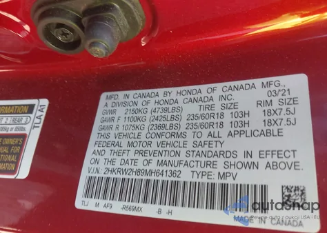 2021 Honda Cr-V Awd Ex-L from USA, damaged, VIN 2HKRW2H89MH641362